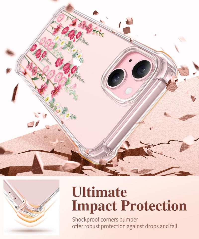 GVIEWIN for iPhone 15 Plus Case Floral, with Screen Protector&Camera Lens Protector,[Non Yellowing] Soft Shockproof Clear Phone Protective Cover for Women, Flower Pattern Design 6.7" (Alcea/Red) - Image 4