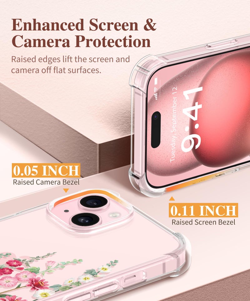GVIEWIN for iPhone 15 Plus Case Floral, with Screen Protector&Camera Lens Protector,[Non Yellowing] Soft Shockproof Clear Phone Protective Cover for Women, Flower Pattern Design 6.7" (Alcea/Red) - Image 5