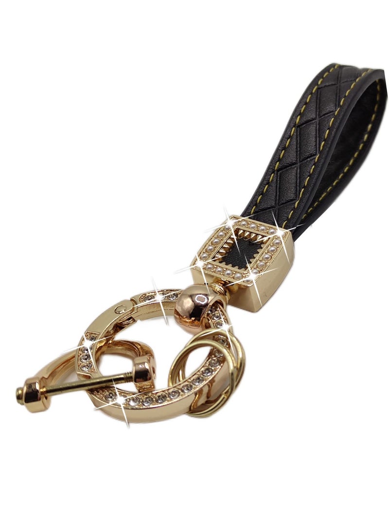 SYOSI Car Keychain Accessories with Key Ring Bling Diamond Microfiber Leather Car Keychain Universal Key Fob Holder with 360° Rotatable D-Ring 2 Keyrings and Screwdriver for Men and Women Black - Image 1