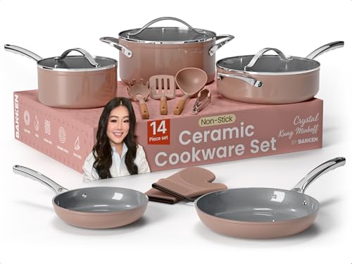 BAKKENMASTER Crystal Kung Minkoff Ceramic Cookware Set – 14-Piece Pots and Pans Set with Lids, Silicone Utensils & Oven Mitts, Nonstick and Non-Toxic, PTFE/PFAS Free, Dishwasher & Stovetop Safe Up to 500°F - Image 1