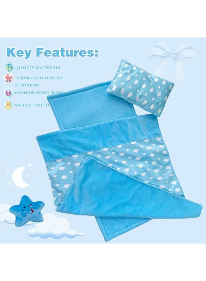 Ferberbears Baby Doll Accessories Bedding Set Soft Blanket Mattress Pillow Dolls Playset Fits 16-18 Inches American Doll Furniture Toy Girls and Boys (Blue) - Image 2