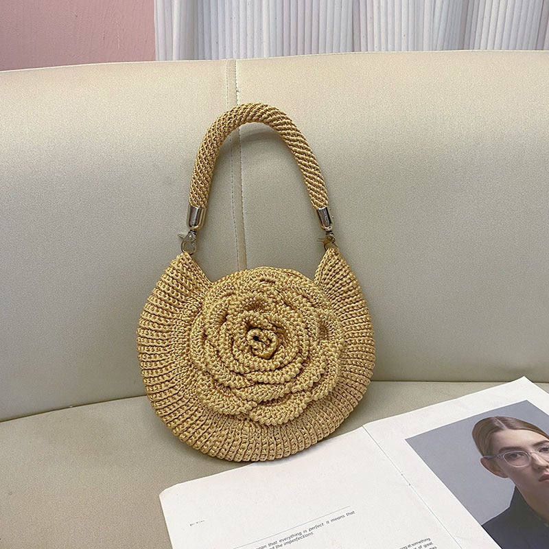 Fashion Handmade Woven Flower Pastoral Picnic Niche Design Casual Simple Change Lipstick Handbag - Image 3