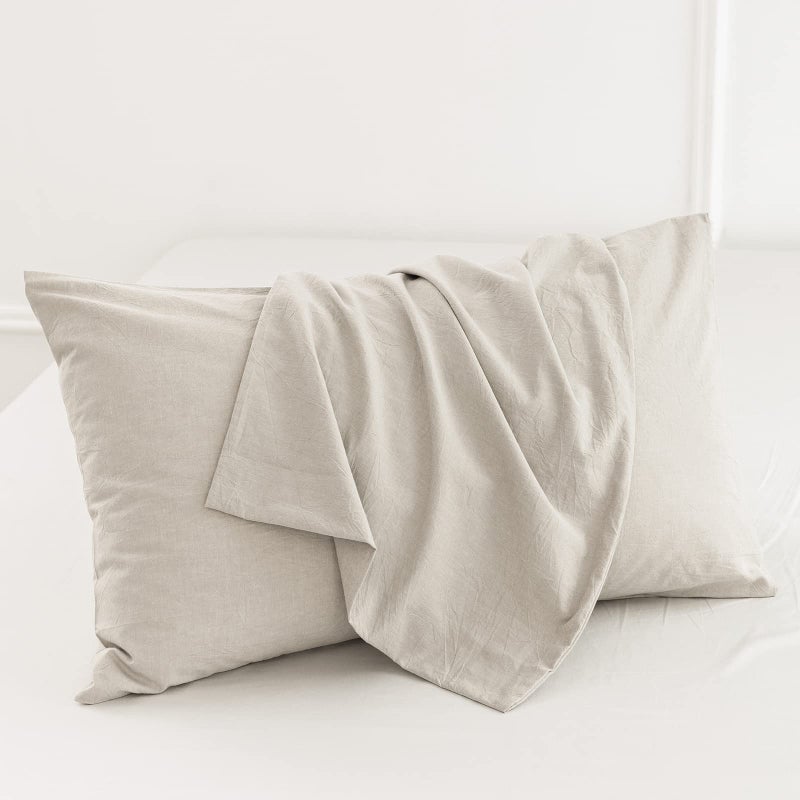 MooMee Bedding Pillowcases Pack of 2 100% Washed Cotton Linen Like Textured Breathable Durable Soft Comfy (Cream Grey  Standard) - Image 2
