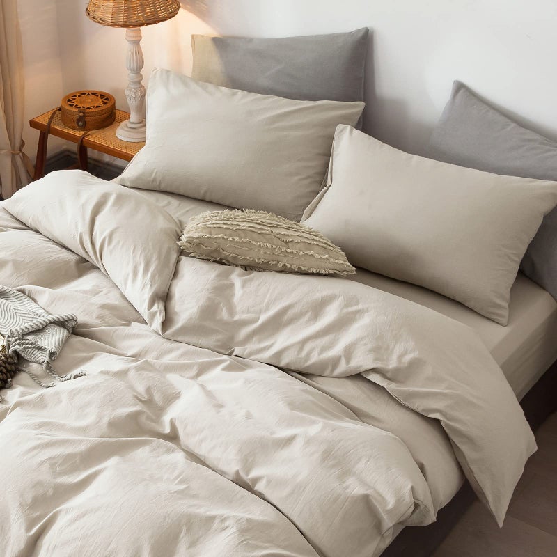 MooMee Bedding Pillowcases Pack of 2 100% Washed Cotton Linen Like Textured Breathable Durable Soft Comfy (Cream Grey  Standard) - Image 5