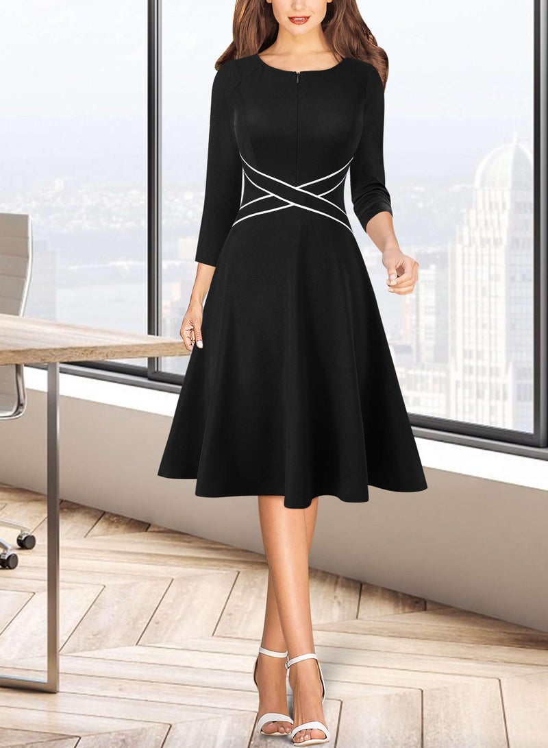 VFSHOW Womens 2024 Contrast Office Work Business Front Zipper Slim Crisscross Waist Fit and Flare A Line Knee Length Dress (Black, Medium) 11343 BLK M - Image 2