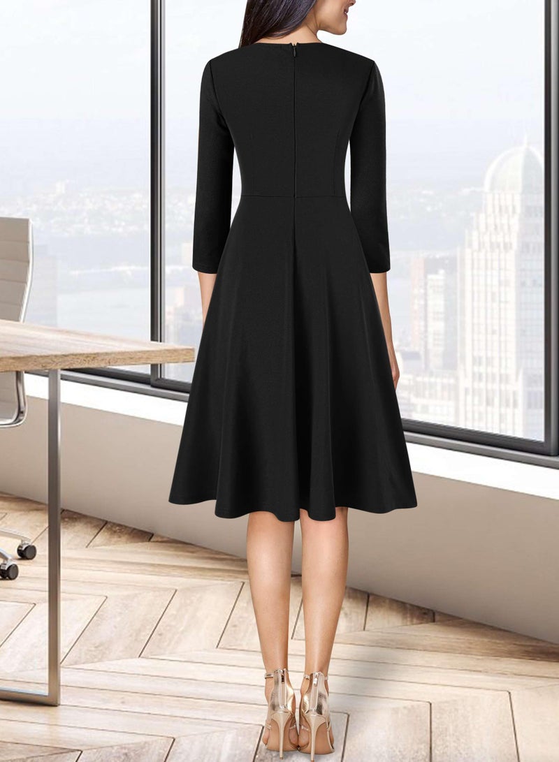 VFSHOW Womens 2024 Contrast Office Work Business Front Zipper Slim Crisscross Waist Fit and Flare A Line Knee Length Dress (Black, Medium) 11343 BLK M - Image 3