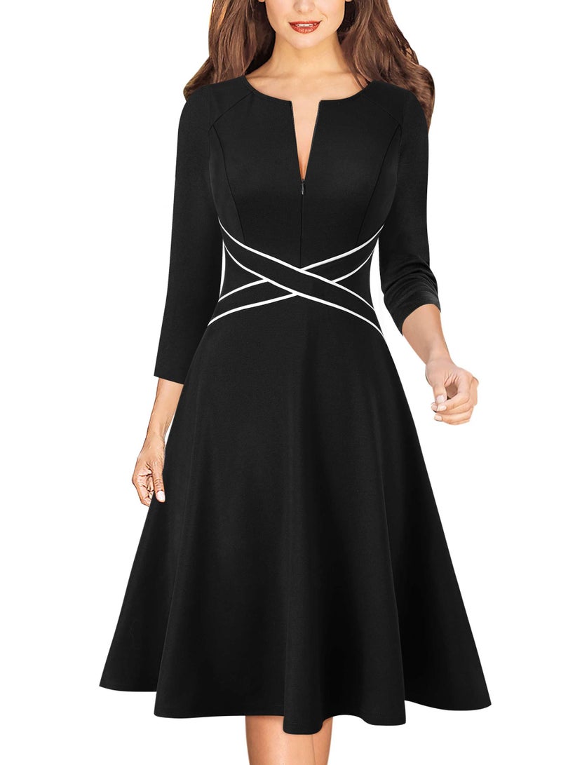 VFSHOW Womens 2024 Contrast Office Work Business Front Zipper Slim Crisscross Waist Fit and Flare A Line Knee Length Dress (Black, Medium) 11343 BLK M - Image 1