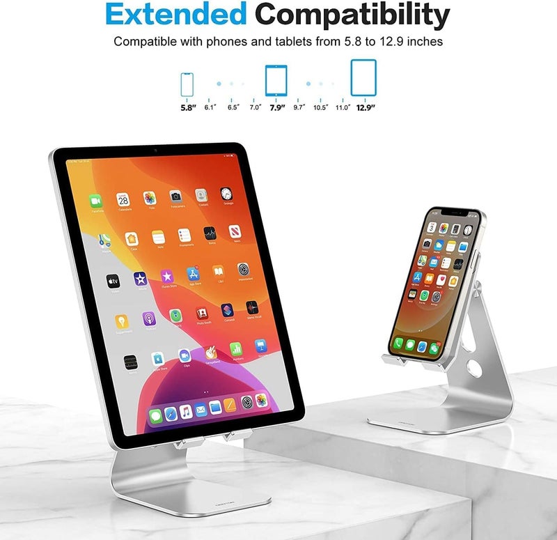 Omoton Adjustable Tablet Stand for Desk, Upgraded Longer Arms for Greater Stability, T2 iPad Stand Holder with Hollow Design for Bigger Sized Phones and Tablets Such as iPad Pro/Air/Mini, Silver - Image 5