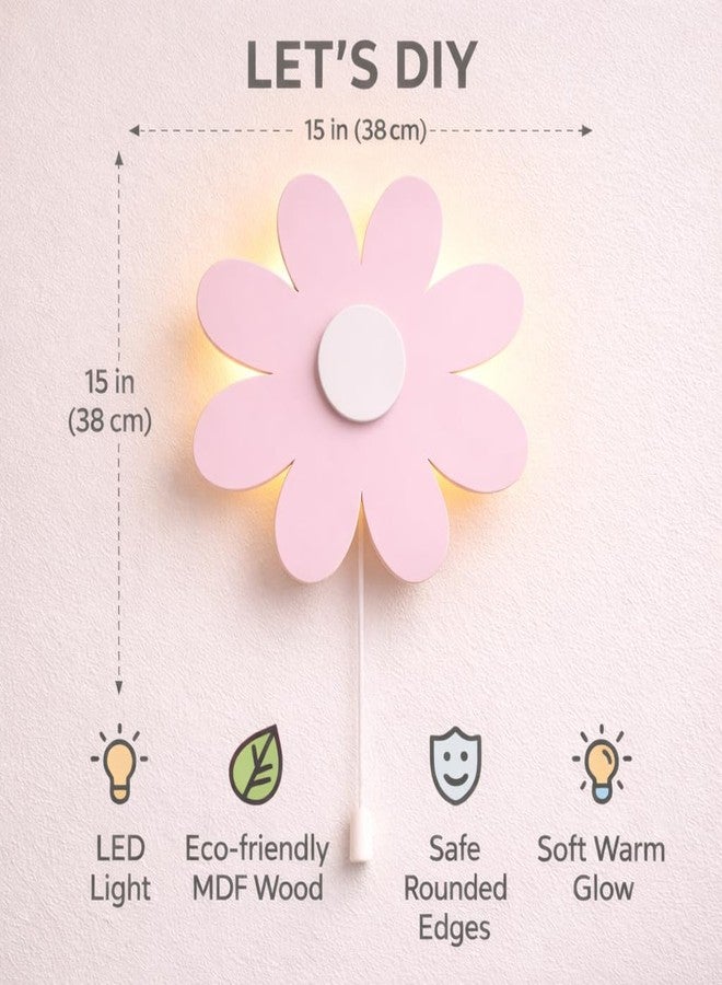 LET'S DIY Flower Wall Night Lamp for Kids Room | Baby Pink MDF Wooden Night Lamp | Warm White Back Glow | Pull Rope Switch | 15 x 15 Inch - Image 3