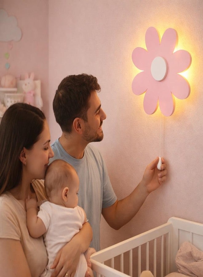 LET'S DIY Flower Wall Night Lamp for Kids Room | Baby Pink MDF Wooden Night Lamp | Warm White Back Glow | Pull Rope Switch | 15 x 15 Inch - Image 2