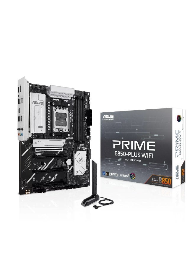 PRIME B850-PLUS WiFi ATX Motherboard, AMD AM5 Socket, DDR5 up to 256GB, PCIe 5.0 x16, 3× M.2 Slots, 4× SATA 6Gb/s, Wi-Fi 6E, Bluetooth 5.3, 2.5Gb Ethernet, USB 10Gbps Type-C/A, Aura Sync RGB, Pre-mounted I/O Shield, Fan Xpert Cooling | 90MB1L80-M0EAY0