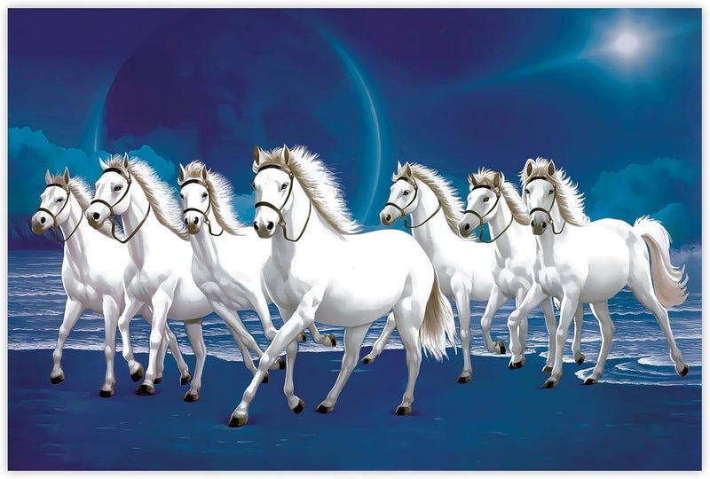 UmI. Rolled Sparkled Vastu Seven Running Horses Sunrise Vinyl Art Print for Room Décor Digital Reprint 36 inch x 24 inch Painting - Image 1