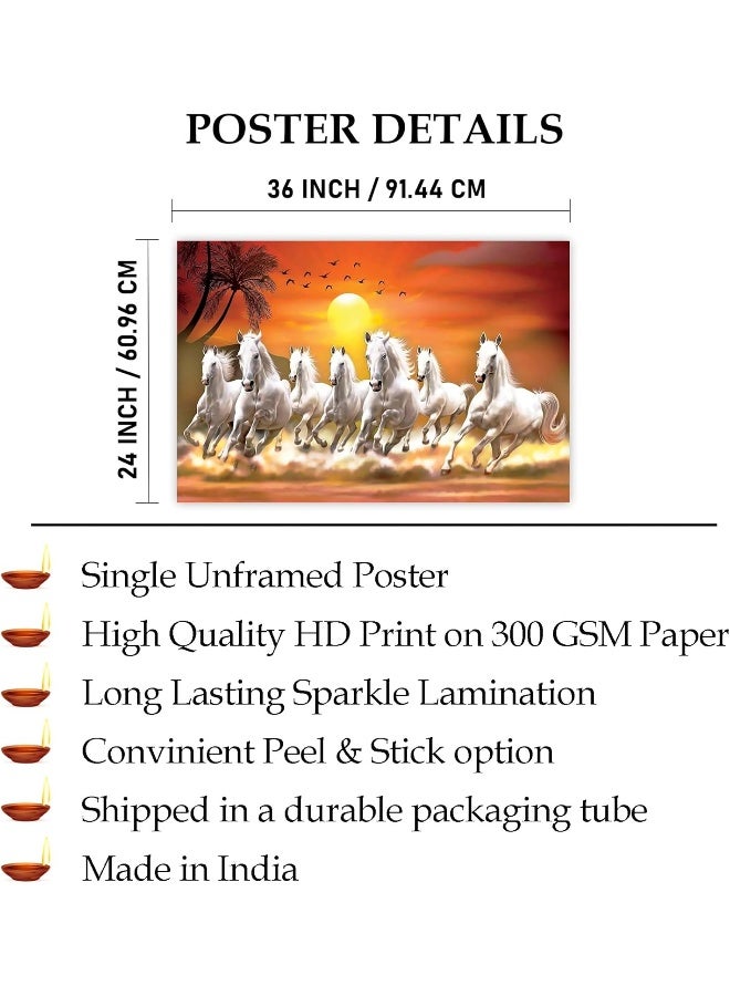 UmI. Rolled Sparkled Vastu Seven Running Horses Sunrise Vinyl Art Print for Room Décor Digital Reprint 36 inch x 24 inch Painting - Image 3