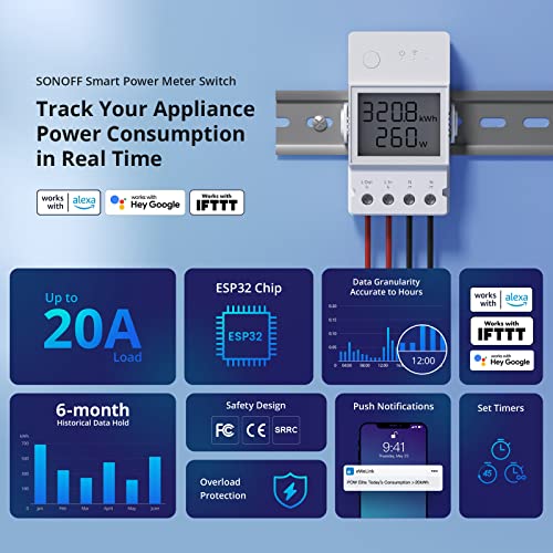 SONOFF POWR320D Elite 20A WiFi Smart WiFi Wireless Light Switch with Energy Monitoring Universal DIY Module for Smart Home Works with Amazon Alexa Google Home No Hub Required - Image 3