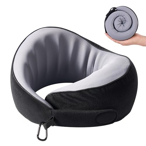 KPNEOL Travel Pillow, 100% Pure Memory Foam Travel Neck Pillow Airplane Neck Support Ergonomic Design for Traveling Suitable for Airplanes,Offices and Cars-Cooling Silk Black - Image 1