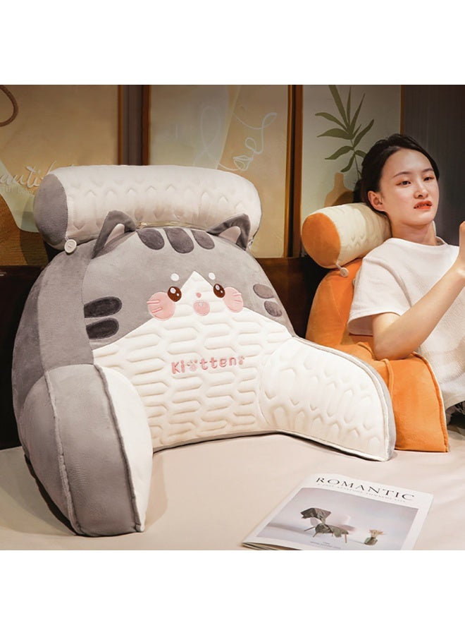 Sitting Reading Pillow, Sit Up Back Support Cushion with Armsrest for Resting in Bed Couch Chair or Floor, Back Support Pillow for Kids & Adult Reading Watching TV Gaming (Light Grey - Cat, 70*50cm) - Image 1