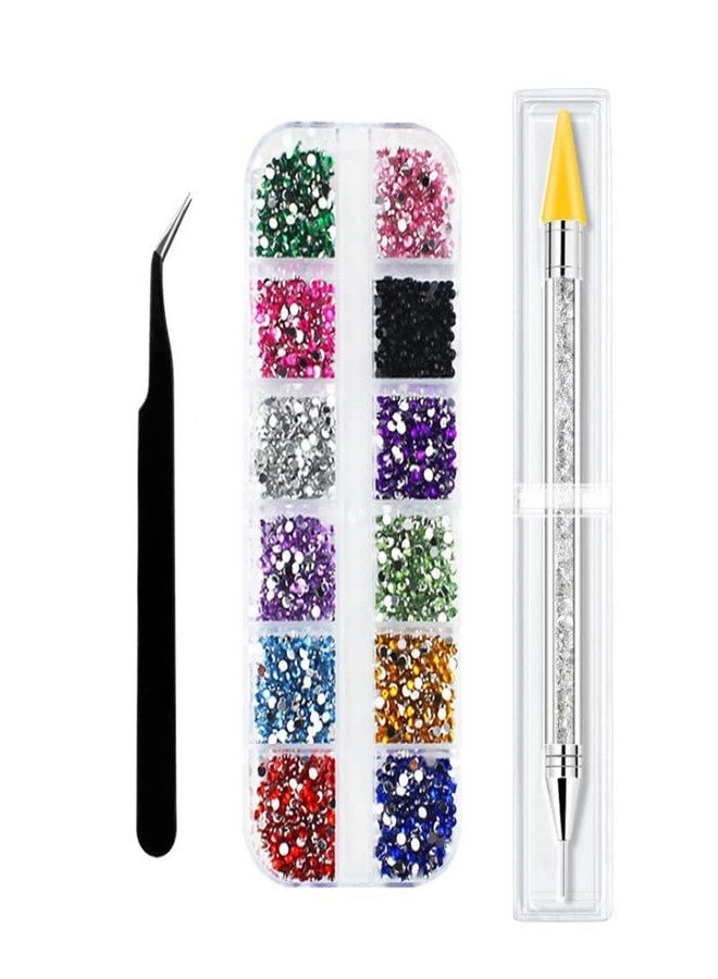TREXEE 12 Colors Rhinestones Gems AB Nail Art Rhinestones Decorations for DIY Nail Art Crafts Nail Gems | 1 pcs Rhinestone Picker Dotting Pen and 1Tweezer(1 Set) - Image 1