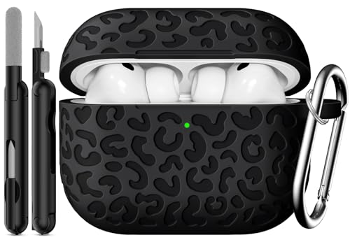 MCTOPZO Leopard Carving for AirPods Pro 3 Case 2025,Pattern Design Cute Soft Silicone Protective Cover for Man/Women/Girly - with Keychain &Cleaning Kit (A-Black) - Image 1