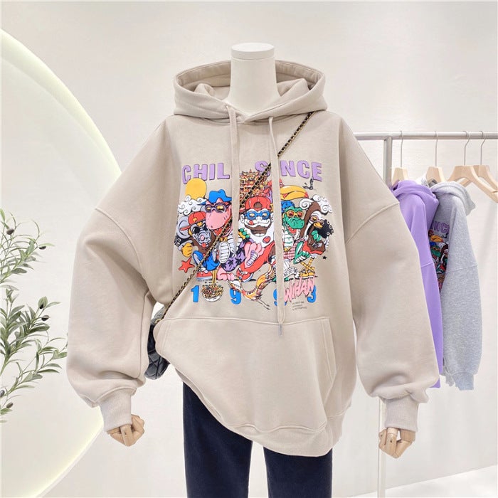 2024 Womens Hoodie Plus Velvet Anti-Pilling khaki fleece-lined