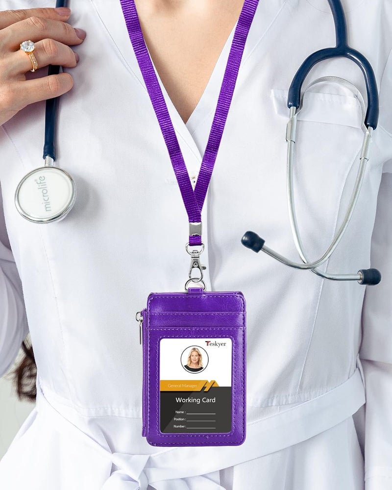 Teskyer Badge Holder with Side Zip Pocket, Multiple Card Slots Leather ID Holder Wallet with Neck Lanyard for Office Staffs, Teachers/Students, Couriers, Workers, Purple - Image 2