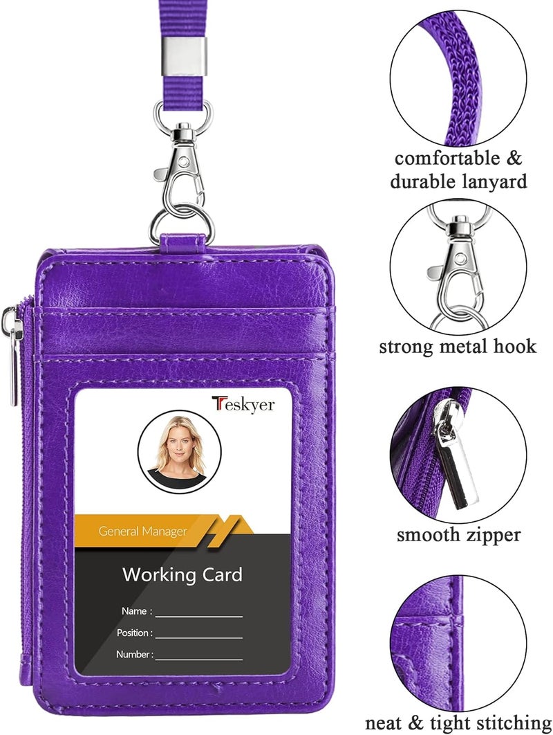 Teskyer Badge Holder with Side Zip Pocket, Multiple Card Slots Leather ID Holder Wallet with Neck Lanyard for Office Staffs, Teachers/Students, Couriers, Workers, Purple - Image 3