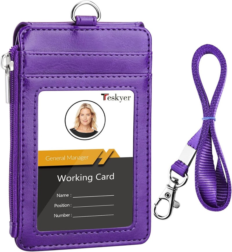 Teskyer Badge Holder with Side Zip Pocket, Multiple Card Slots Leather ID Holder Wallet with Neck Lanyard for Office Staffs, Teachers/Students, Couriers, Workers, Purple - Image 1