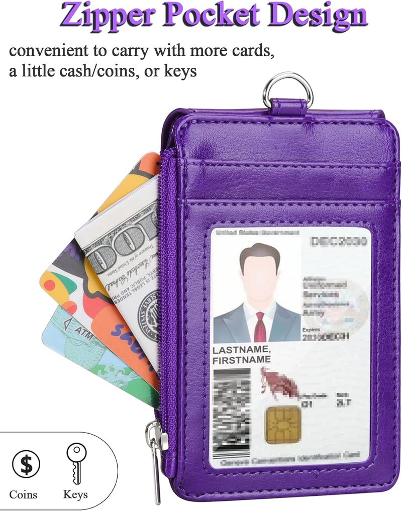 Teskyer Badge Holder with Side Zip Pocket, Multiple Card Slots Leather ID Holder Wallet with Neck Lanyard for Office Staffs, Teachers/Students, Couriers, Workers, Purple - Image 4