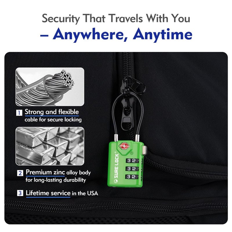 SURE LOCK أقفال سفر متوافقة مع TSA من SURE LOCK، مؤشر الفحص، أقراص سهلة القراءة معتمدة من TSA مصنوعة من سبائك الزنك - Image 5