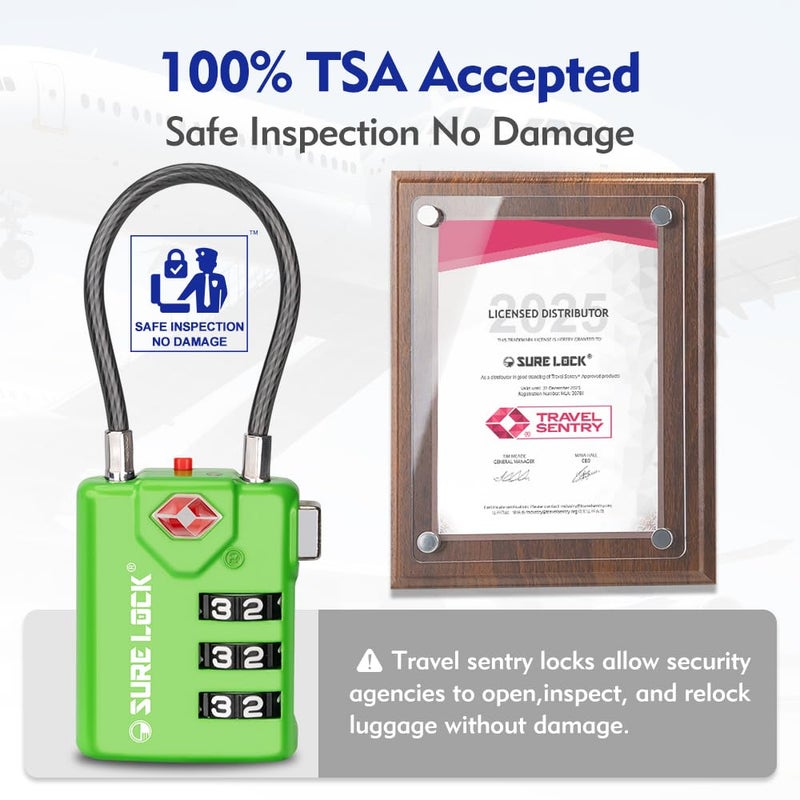 SURE LOCK أقفال سفر متوافقة مع TSA من SURE LOCK، مؤشر الفحص، أقراص سهلة القراءة معتمدة من TSA مصنوعة من سبائك الزنك - Image 2