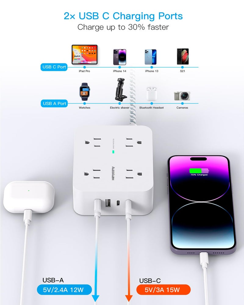 HANYCONY Surge Protector Power Strip 15 Ft Long Cord, HANYCONY Extension Cord 15 Feet with 8 Outlets 4 USB Ports(2 USB C), Flat Plug, Desk Charging Station for Home Office College Dorm Room Essentials - Image 4