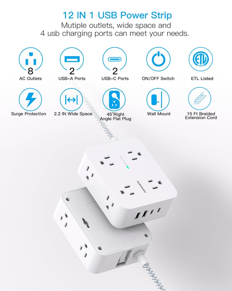 HANYCONY Surge Protector Power Strip 15 Ft Long Cord, HANYCONY Extension Cord 15 Feet with 8 Outlets 4 USB Ports(2 USB C), Flat Plug, Desk Charging Station for Home Office College Dorm Room Essentials - Image 2
