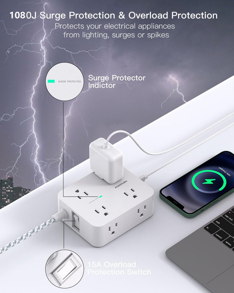 HANYCONY Surge Protector Power Strip 15 Ft Long Cord, HANYCONY Extension Cord 15 Feet with 8 Outlets 4 USB Ports(2 USB C), Flat Plug, Desk Charging Station for Home Office College Dorm Room Essentials - Image 5