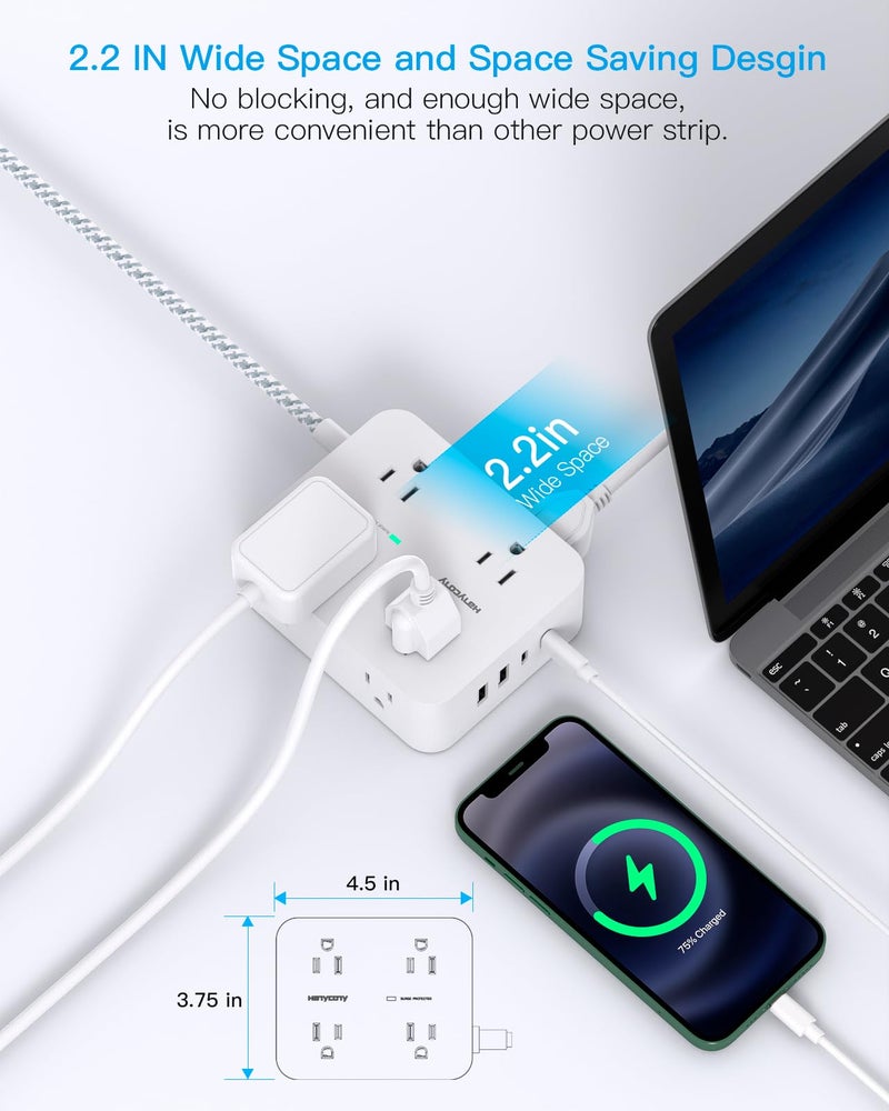 HANYCONY Surge Protector Power Strip 15 Ft Long Cord, HANYCONY Extension Cord 15 Feet with 8 Outlets 4 USB Ports(2 USB C), Flat Plug, Desk Charging Station for Home Office College Dorm Room Essentials - Image 3
