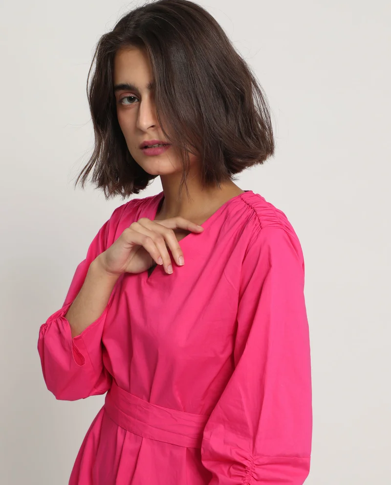 ريريزم Women's Elasticated Shoulder V-Neck A-Line Dress