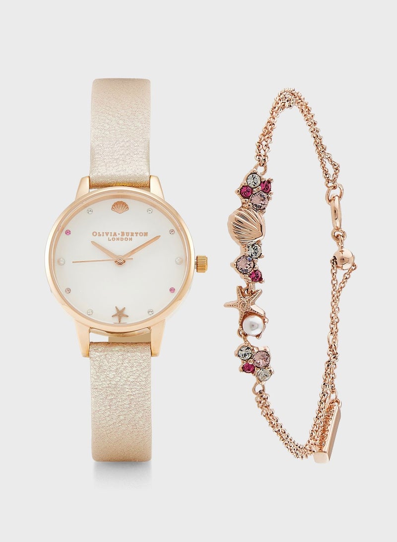 OLIVIA BURTON White & Stone & Pearl & Shell Stud & Star Fish Stud Analog Watch  - Image 1