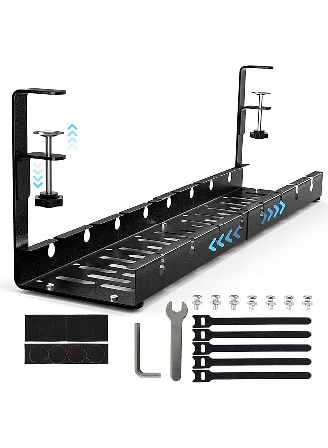 promass Extendable Under Desk Cable Management Tray No Drilling Metal Cable Management Tray Under Desk with Clamp, Retractable Power Strip Cord Holder for Wire Management (Black) - Image 1