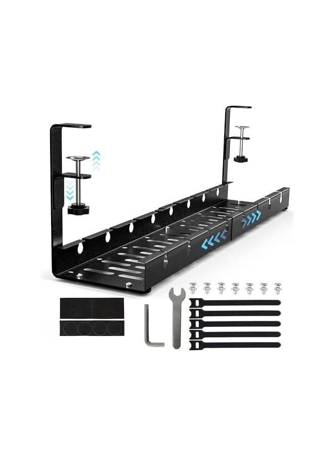 promass Extendable Under Desk Cable Management Tray No Drilling Metal Cable Management Tray Under Desk with Clamp, Retractable Power Strip Cord Holder for Wire Management (Black) - Image 2