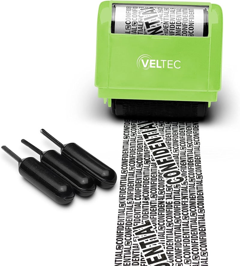 Veltec Identity Theft Protection Roller Stamp - Confidential Roller Stamp - Data Theft Protection Stamp - Anti Theft, Security and Privacy Guard Stamp - 3 Ink Refills (Green) - Image 2