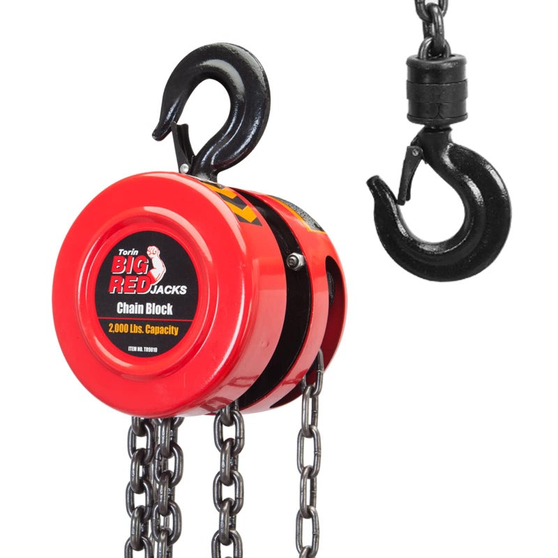 BIG RED TR90102 Torin Manual Hand Chain Hoist 8ft25m with 2 Heavy Duty Hooks for Warehouse Automotive Machinery 1 Ton 2000lb Capacity Red