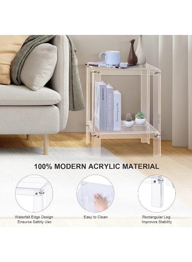 TPGP طاولة جانبية أكريليك للمساحات الصغيرة، طاولة سرير صغيرة/طاولة بجانب السرير، طاولة نهاية لتزيين المنزل لغرفة المعيشة، غرفة النوم، 2 طبقة، سهلة التجميع، 15.6" ل x 12.6" ع x 20.5" ر، شفافة - Image 4