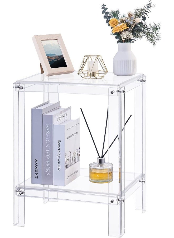 TPGP طاولة جانبية أكريليك للمساحات الصغيرة، طاولة سرير صغيرة/طاولة بجانب السرير، طاولة نهاية لتزيين المنزل لغرفة المعيشة، غرفة النوم، 2 طبقة، سهلة التجميع، 15.6" ل x 12.6" ع x 20.5" ر، شفافة - Image 1