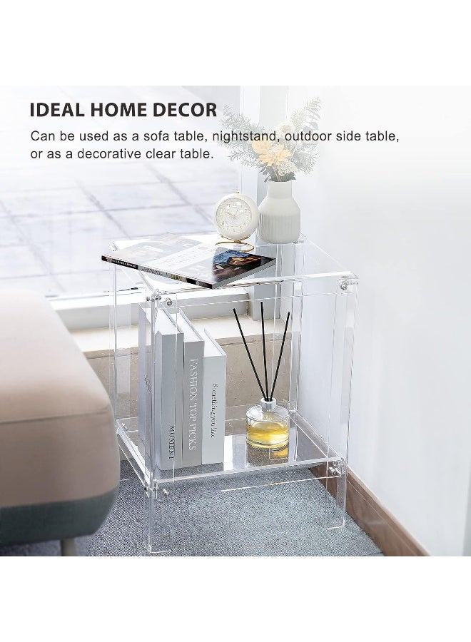 TPGP طاولة جانبية أكريليك للمساحات الصغيرة، طاولة سرير صغيرة/طاولة بجانب السرير، طاولة نهاية لتزيين المنزل لغرفة المعيشة، غرفة النوم، 2 طبقة، سهلة التجميع، 15.6" ل x 12.6" ع x 20.5" ر، شفافة - Image 5