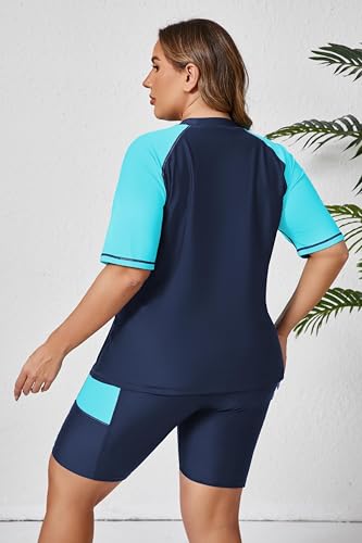 Halcurt Women Sun Protection Swimsuit Rash Guard with Bra Two Piece Swim Set Boyshorts Navy 3X - Image 2