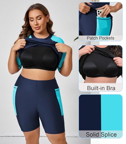 Halcurt Women Sun Protection Swimsuit Rash Guard with Bra Two Piece Swim Set Boyshorts Navy 3X - Image 5
