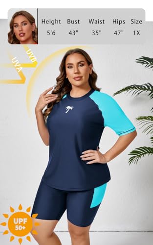 Halcurt Women Sun Protection Swimsuit Rash Guard with Bra Two Piece Swim Set Boyshorts Navy 3X - Image 4