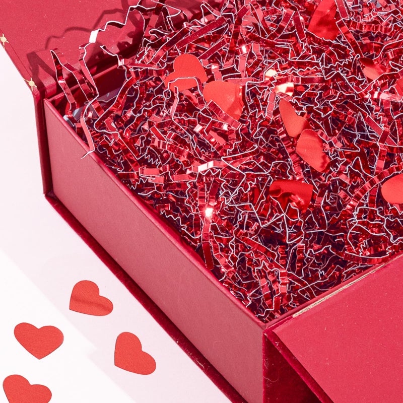 Jocomoni 1LB Valentine's Day Crinkle Cut Paper Shred Filler, Metallic Red Crinkle Cut Paper with Heart Confetti Shredded Paper Filler for Gift Wrapping Craft DIY Packaging Filling Party Supply - Image 3