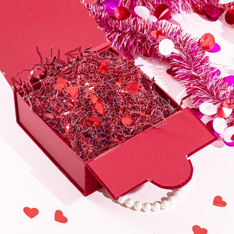 Jocomoni 1LB Valentine's Day Crinkle Cut Paper Shred Filler, Metallic Red Crinkle Cut Paper with Heart Confetti Shredded Paper Filler for Gift Wrapping Craft DIY Packaging Filling Party Supply - Image 4