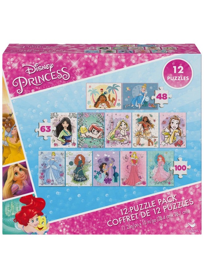 Spin Master Games, Disney Princess 12-Puzzle Bundle - Moana, Ariel, Mulan, Cinderella & More, with 48-Piece, 63-Piece, & 100-Piece Disney Puzzles for Kids, for Ages 4 & Up - Image 1