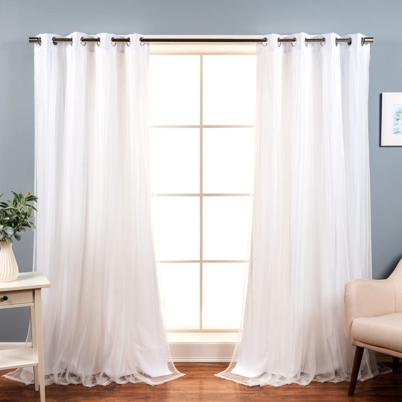 Best Home Fashion Set of 2 Lace Tulle Overlay Thermal Insulated Solid Blackout Stainless Steel Nickel Grommet Window Panels for Bedroom Living Room Dining Room  52 W x 96 L White