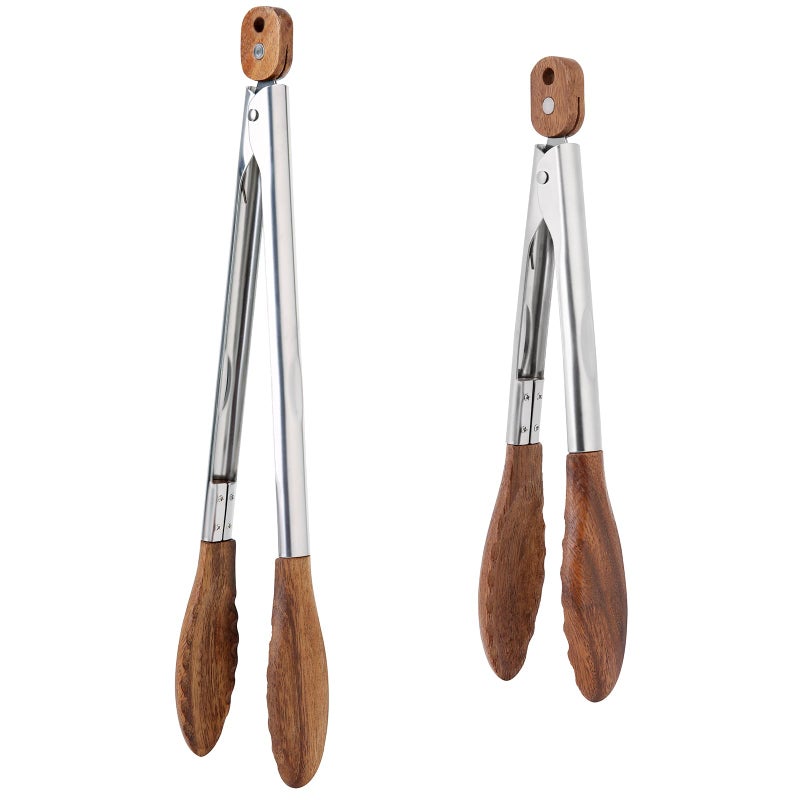 Donxote Kitchen Tongs Set - 9" & 12" Anti-Slip Long Wooden Cooking Tongs for BBQ, Grilling, Salad Tossing & Serving - Heat Resistant, Non-Stick Stainless Steel Handles with Hanging Hole - Image 1
